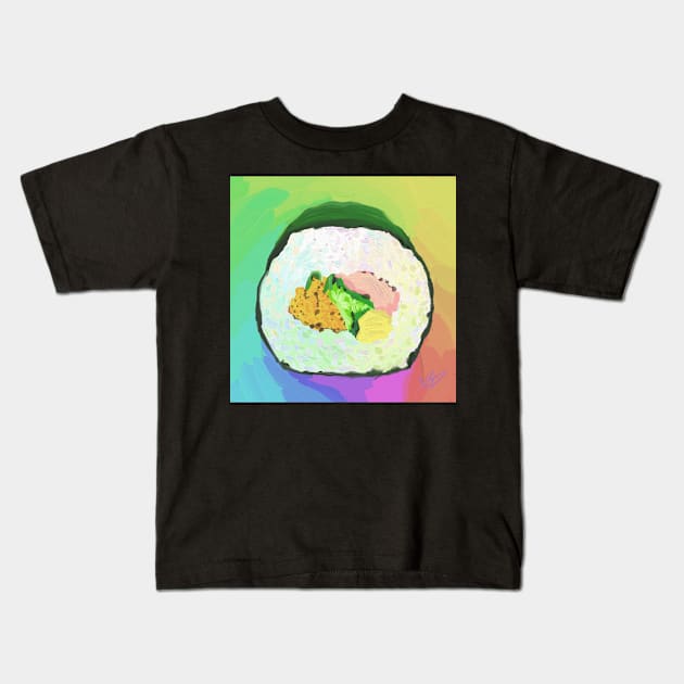 Rainbow Maki Sushi Roll Alla Prima Digital Oil Painting Kids T-Shirt by venglehart